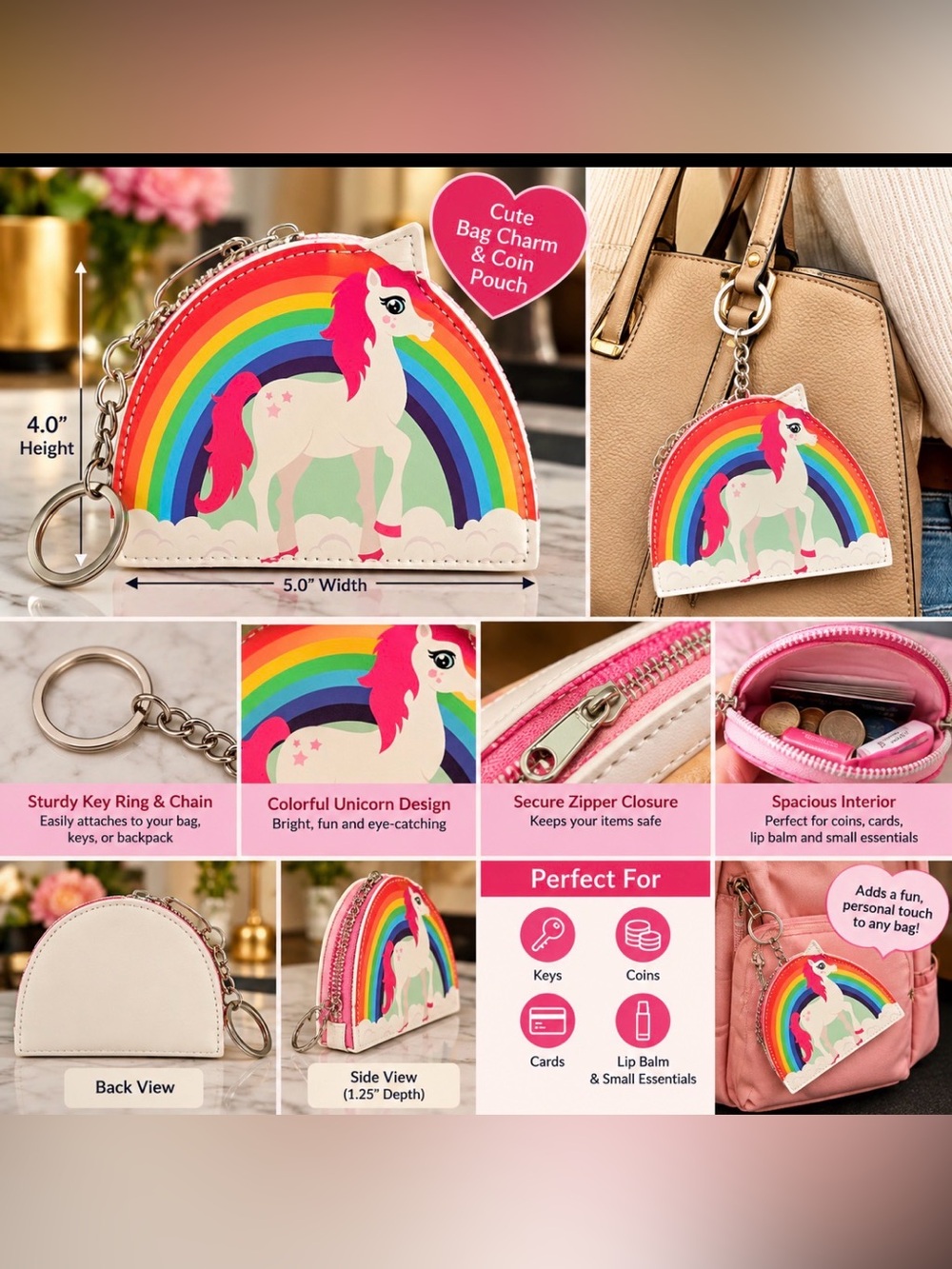 Unicorn Rainbow Coin Pouch & Keychain - Pink